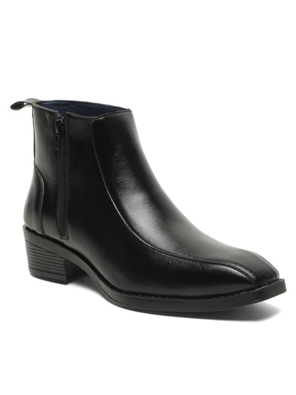 Kosher Men's Black Synthetic Leather Side-Zip Square-Toe Ankle Boots
