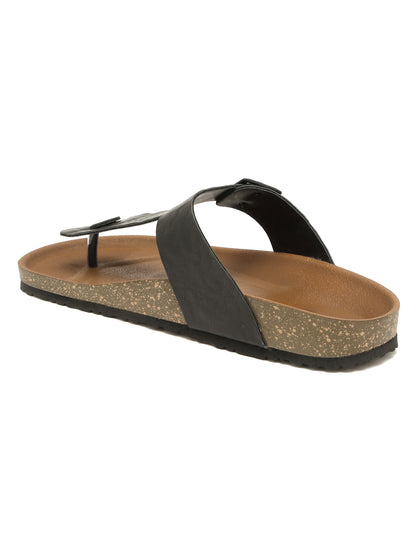 Kosher Men's Black Textured Thong-Strap Flip-Flops Slippers with Adjustable Buckle
