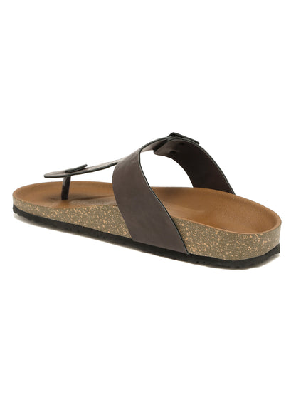 Kosher Men's Brown Textured Thong-Strap Flip-Flops Slippers with Adjustable Buckle