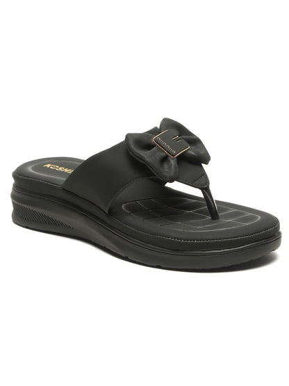 Kosher Women's Comfort Platform Toe-Ring Slippers with Bow Accent – Black