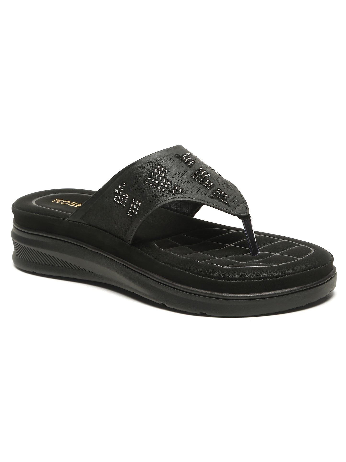 Kosher Women's Black Comfort Platform Flip-Flops with Studded Strap