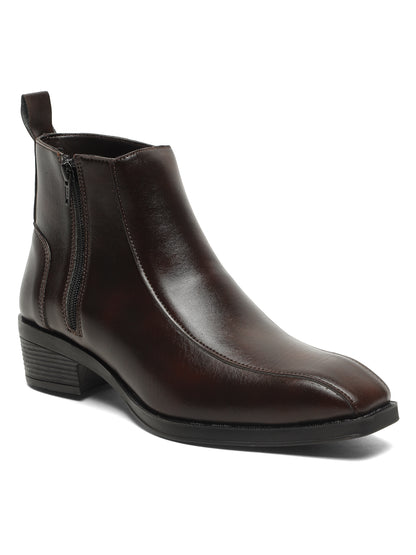 Kosher Men's Brown Synthetic Leather Side-Zip Square-Toe Ankle Boots