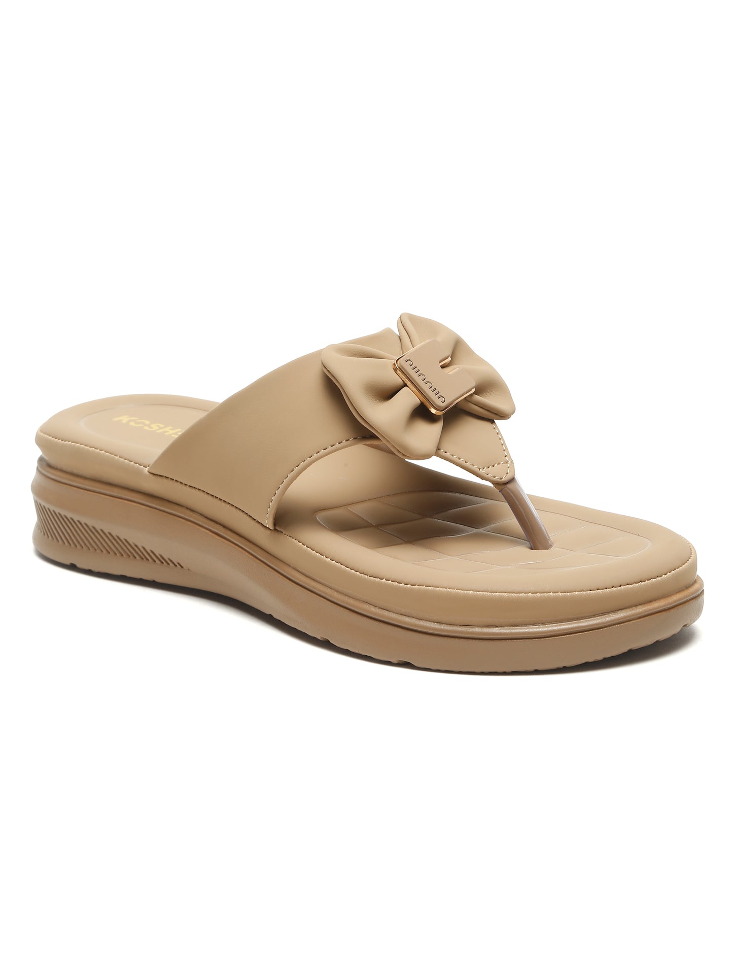 Kosher Women's Comfort Platform Toe-Ring Slippers with Bow Accent – Beige