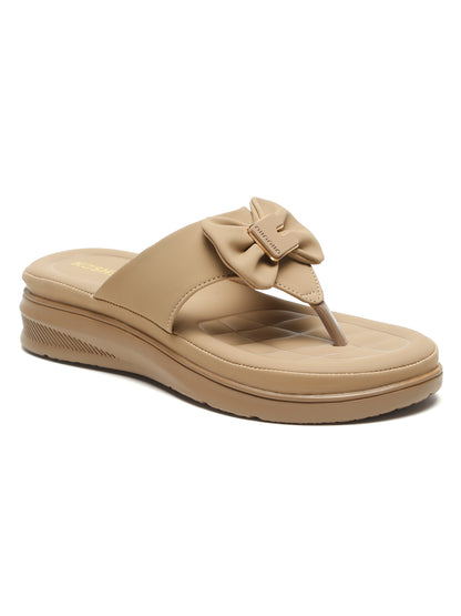 Kosher Women's Comfort Platform Toe-Ring Slippers with Bow Accent – Beige