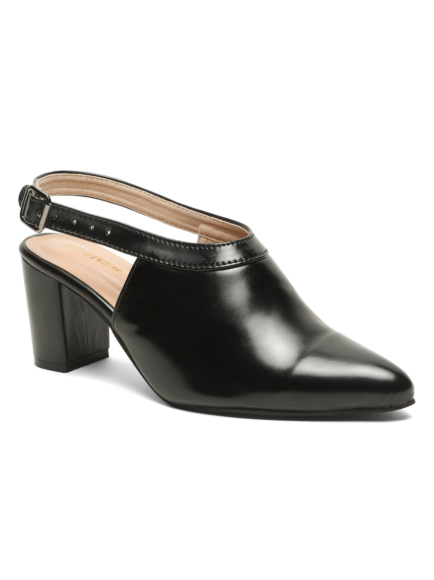 Kosher Women's Black Pointed Toe Slingback Block Heel Pumps