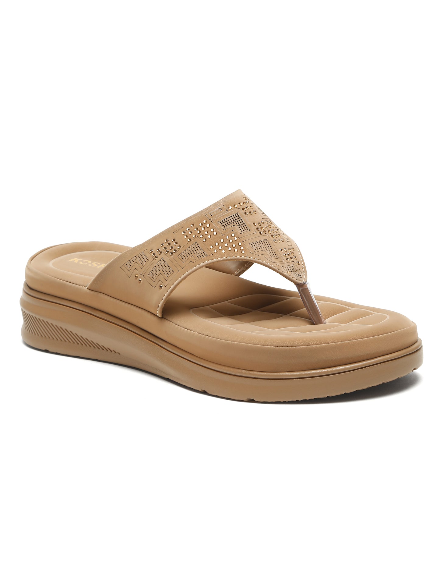 Kosher Women's Beige Comfort Platform Flip-Flops with Studded Strap