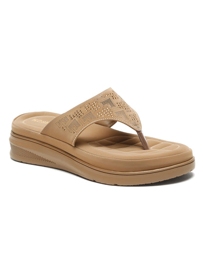Kosher Women's Beige Comfort Platform Flip-Flops with Studded Strap