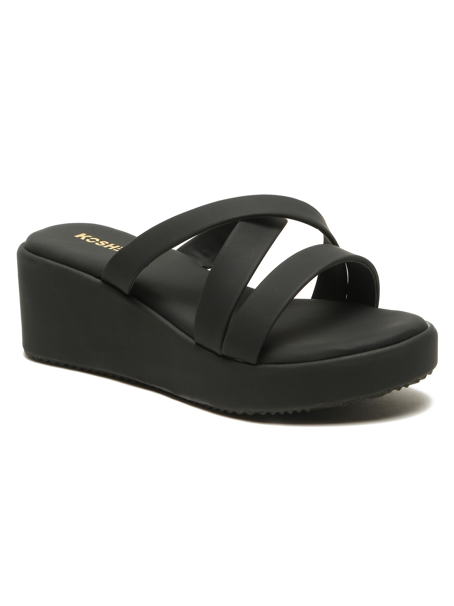 Kosher Women's Black Platform Wedge Slides | Stylish Cross Strap Slip-On Sandals for Casual & Daily Wear