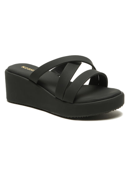 Kosher Women's Black Platform Wedge Slides | Stylish Cross Strap Slip-On Sandals for Casual & Daily Wear