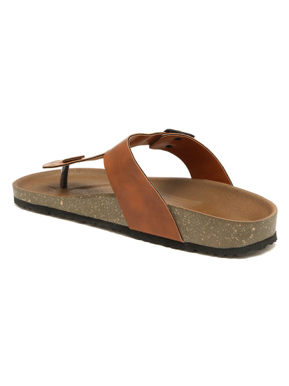 Kosher Men's Tan Textured Thong-Strap Flip-Flops Slippers with Adjustable Buckle