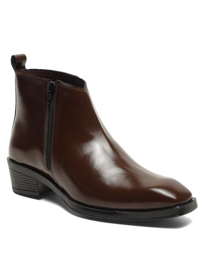 Kosher Men's Premium Brown Synthetic Leather Ankle Chelsea Boots with Side Zip Closure and Cuban Heel