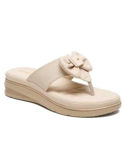 Kosher Women's Comfort Platform Toe-Ring Slippers with Bow Accent – Cream