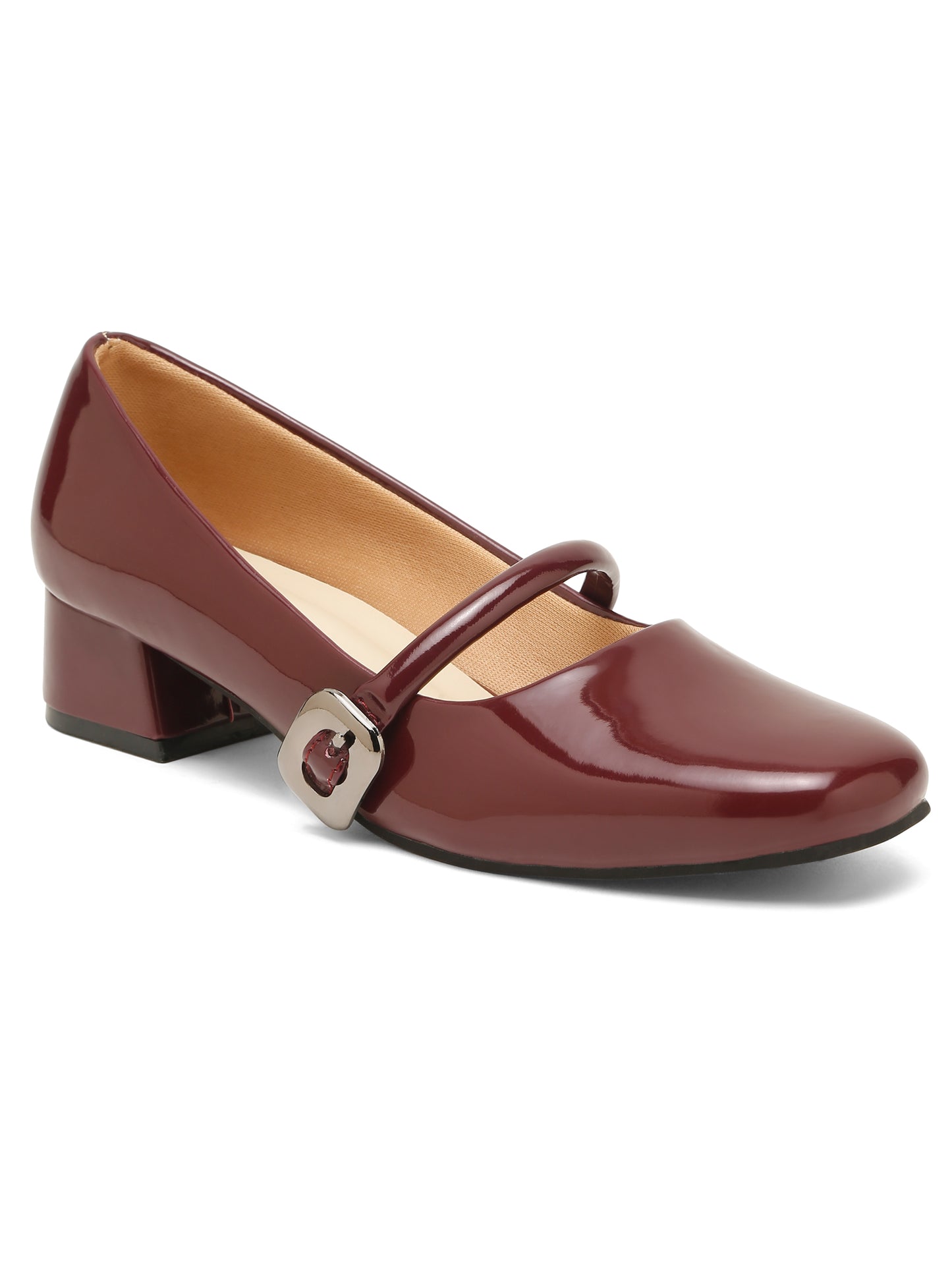 Kosher Women Wine Patent Mary Jane Block Heel Pumps | Glossy Closed Toe Casual & Party Heels