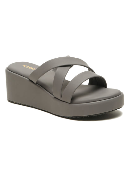 Kosher Women's Dark/Grey Platform Wedge Slides | Stylish Cross Strap Slip-On Sandals for Casual & Daily Wear