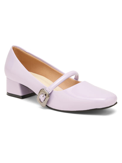 Kosher Women Lavender Patent Mary Jane Block Heel Pumps | Glossy Closed Toe Casual & Party Heels