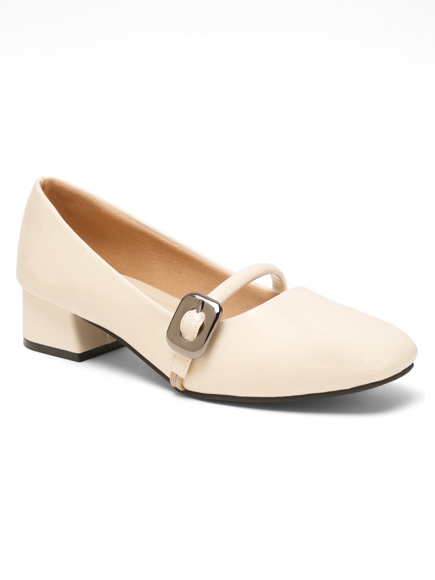 Kosher Women Cream Patent Mary Jane Block Heel Pumps | Glossy Closed Toe Casual & Party Heels