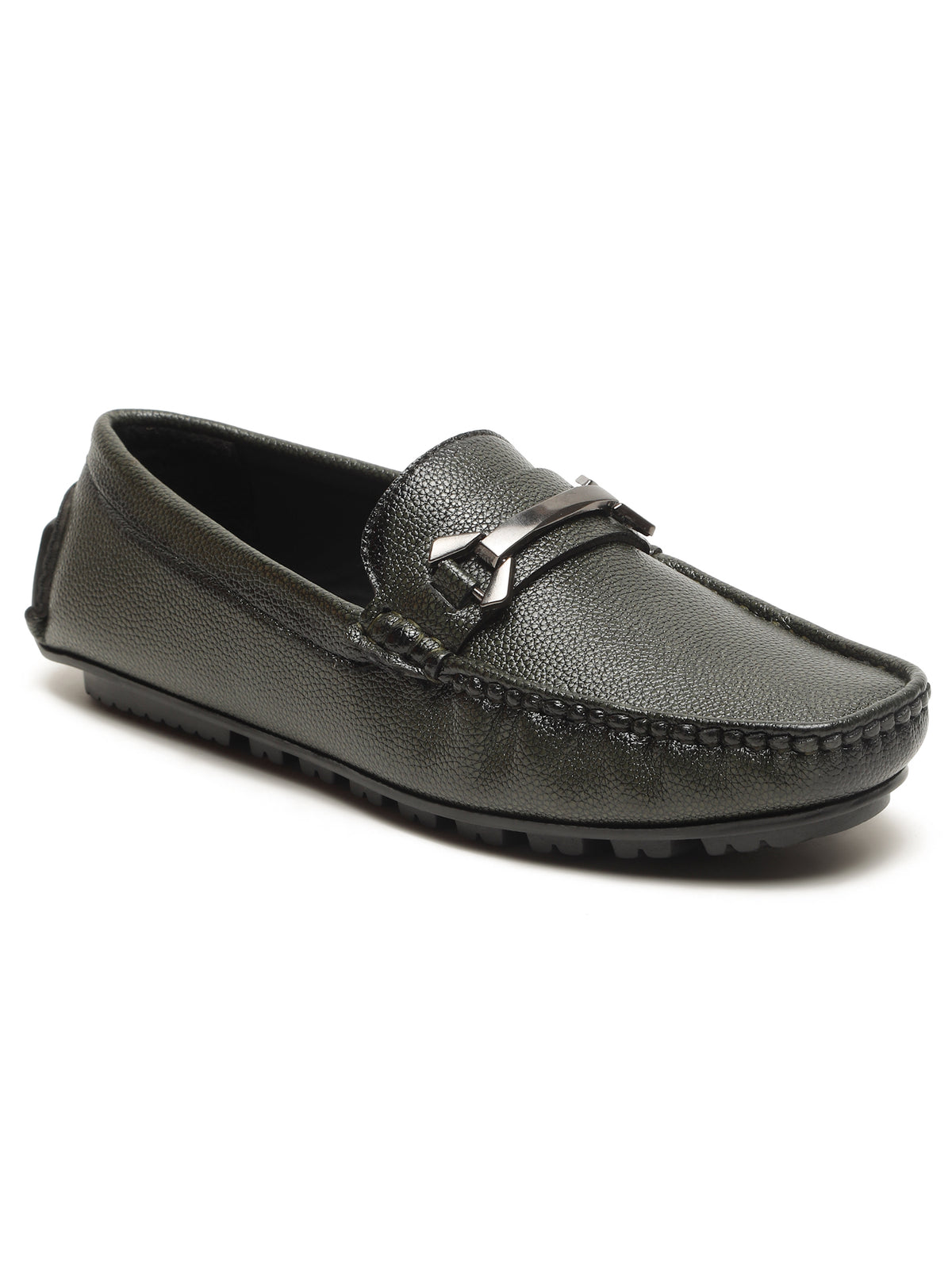 KOSHER Men Textured Olive Horsebit Buckle Slip-On Loafers
