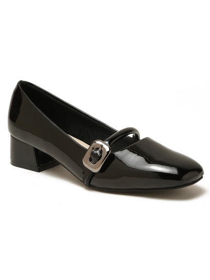 Kosher Women Black Patent Mary Jane Block Heel Pumps | Glossy Closed Toe Casual & Party Heels