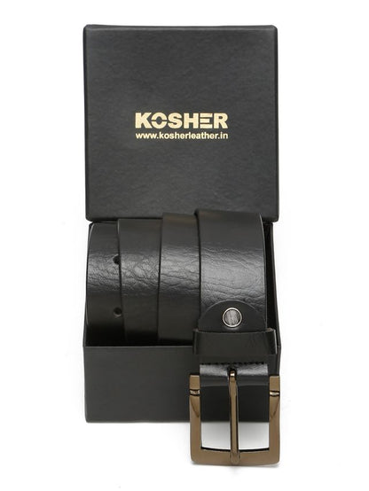 KOSHER Black Color Men's Classic Genuine Leather Belt With Blackish Gold Finish Buckle