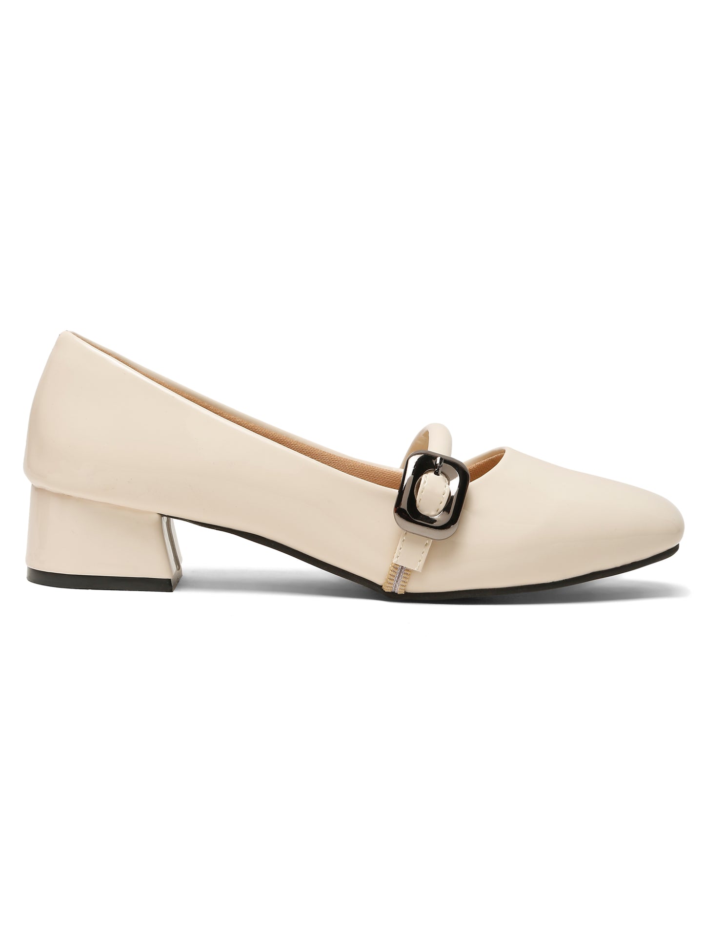 Kosher Women Cream Patent Mary Jane Block Heel Pumps | Glossy Closed Toe Casual & Party Heels