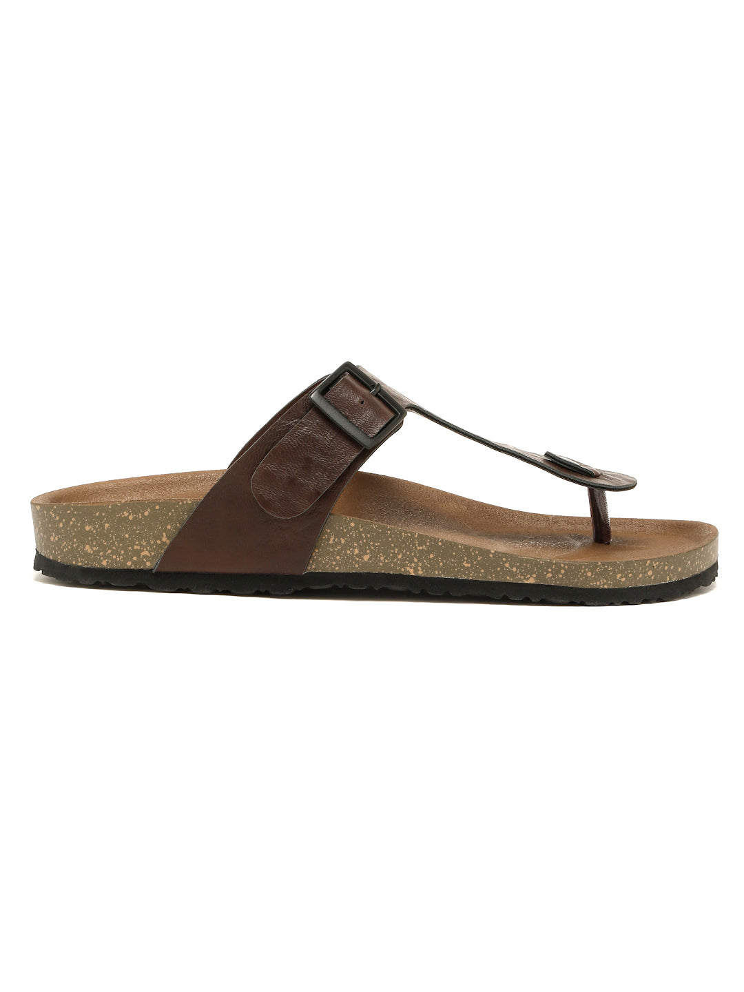 Kosher Men's Brown Textured Thong-Strap Flip-Flops Slippers with Adjustable Buckle