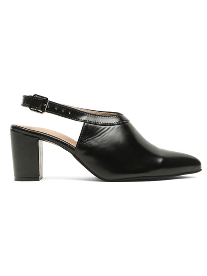 Kosher Women's Black Pointed Toe Slingback Block Heel Pumps