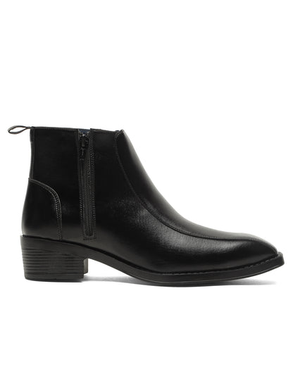 Kosher Men's Black Synthetic Leather Side-Zip Square-Toe Ankle Boots