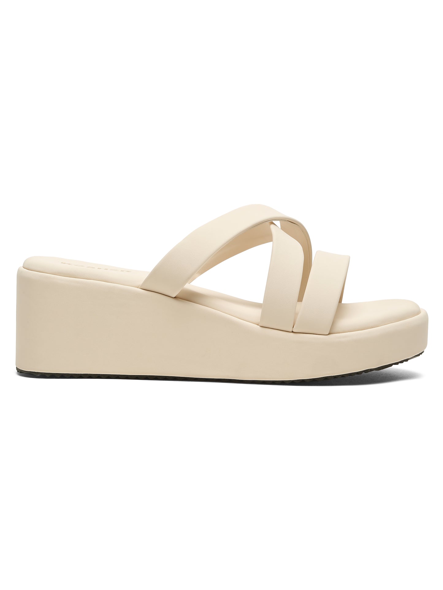 Kosher Women's Cream Platform Wedge Slides | Stylish Cross Strap Slip-On Sandals for Casual & Daily Wear