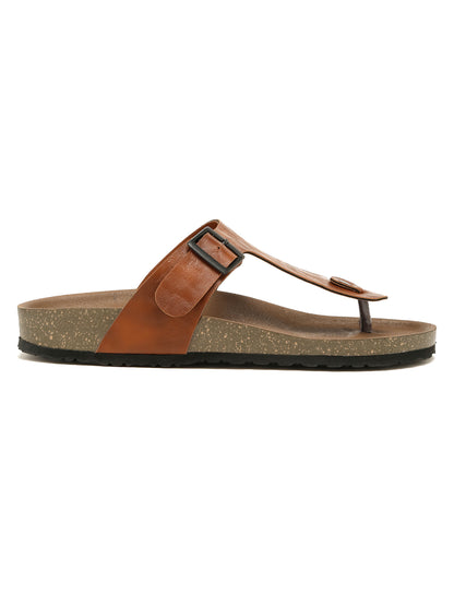 Kosher Men's Tan Textured Thong-Strap Flip-Flops Slippers with Adjustable Buckle