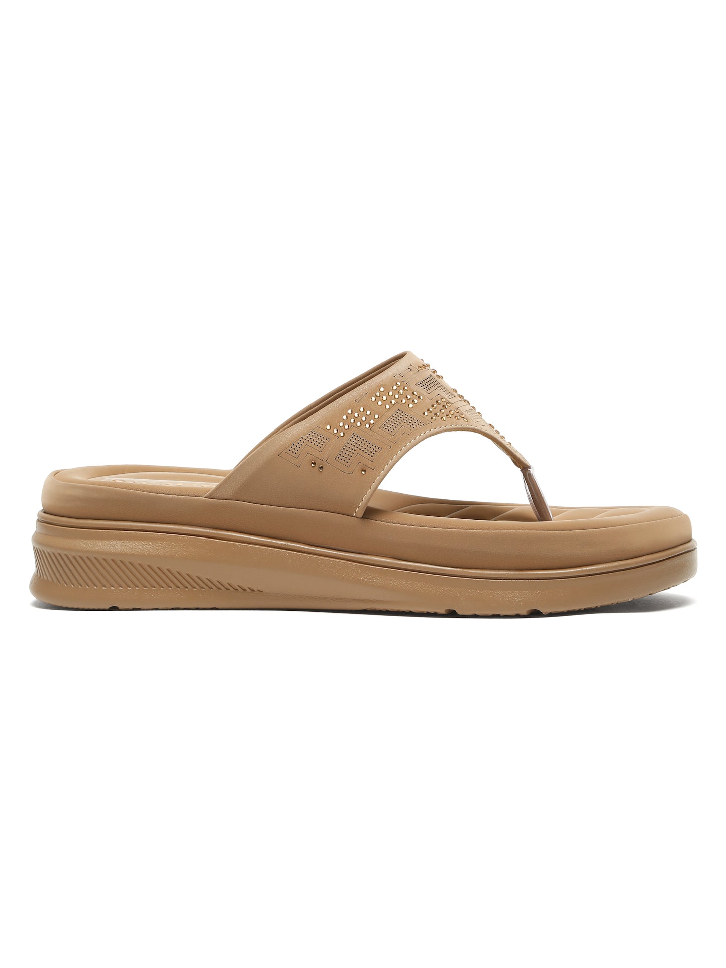 Kosher Women's Beige Comfort Platform Flip-Flops with Studded Strap