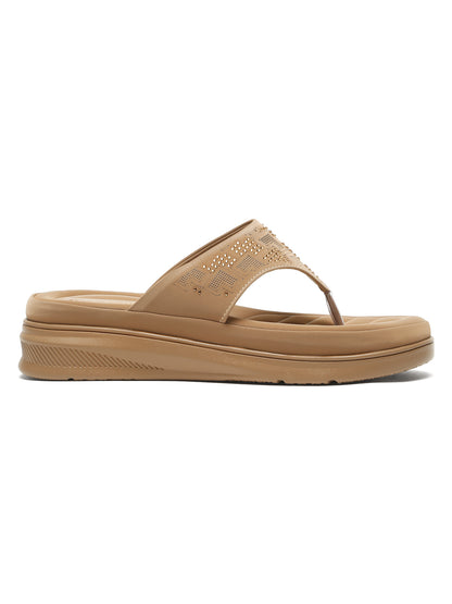 Kosher Women's Beige Comfort Platform Flip-Flops with Studded Strap