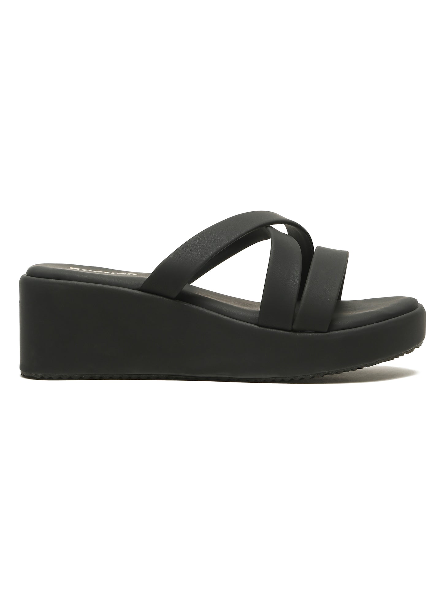 Kosher Women's Black Platform Wedge Slides | Stylish Cross Strap Slip-On Sandals for Casual & Daily Wear
