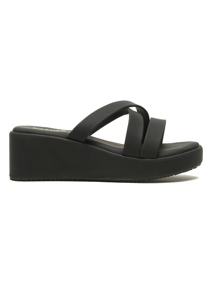 Kosher Women's Black Platform Wedge Slides | Stylish Cross Strap Slip-On Sandals for Casual & Daily Wear