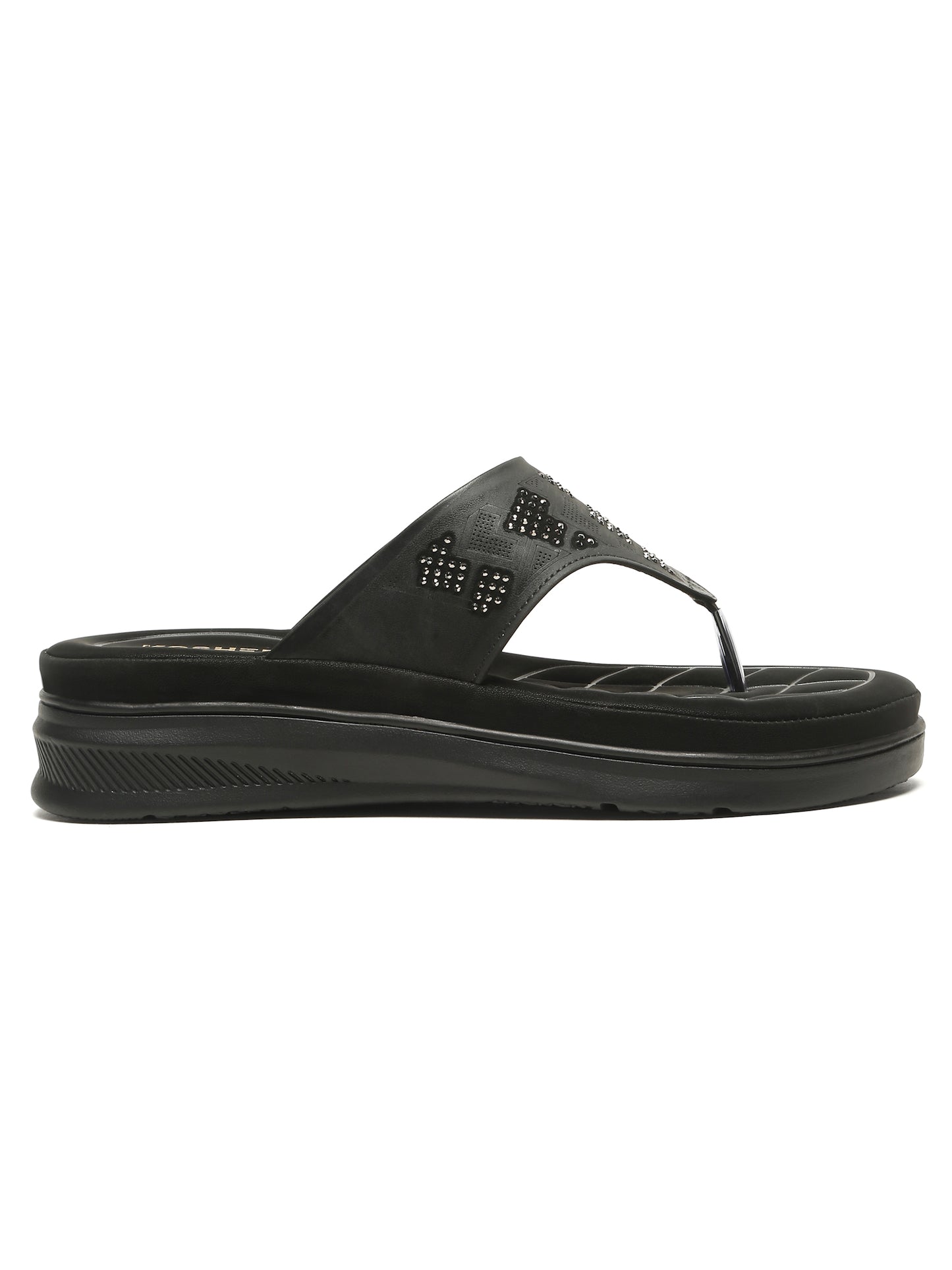 Kosher Women's Black Comfort Platform Flip-Flops with Studded Strap