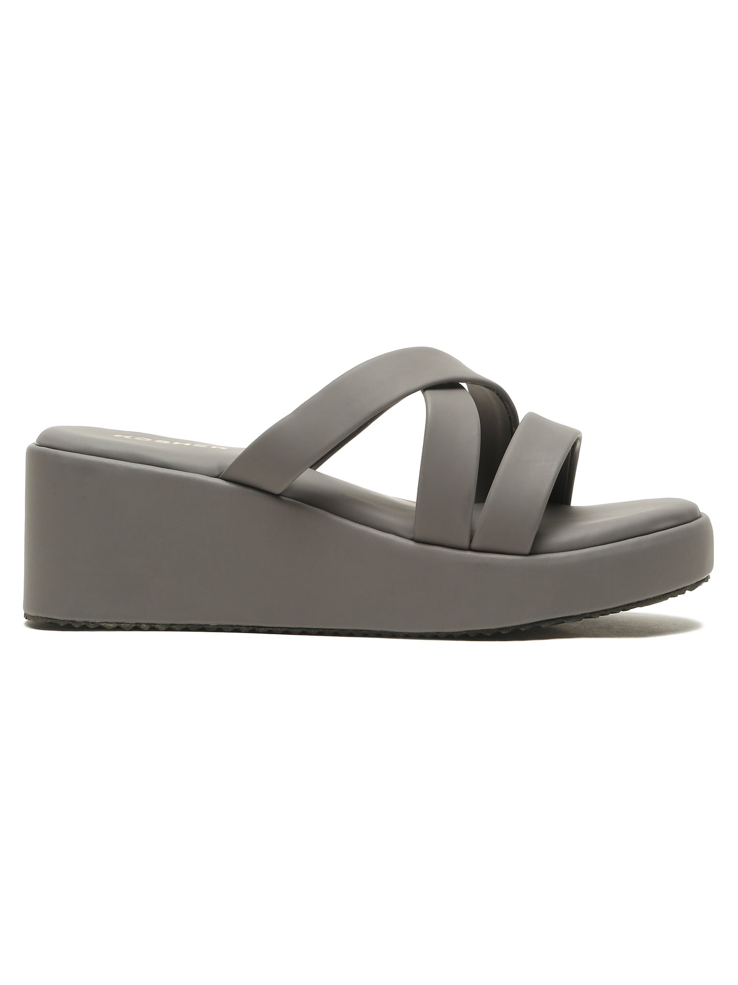 Kosher Women's Dark/Grey Platform Wedge Slides | Stylish Cross Strap Slip-On Sandals for Casual & Daily Wear