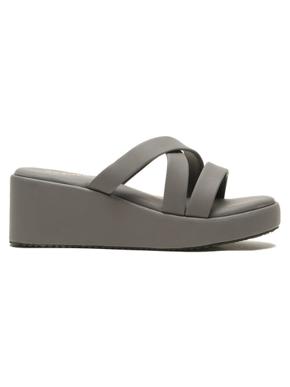 Kosher Women's Dark/Grey Platform Wedge Slides | Stylish Cross Strap Slip-On Sandals for Casual & Daily Wear