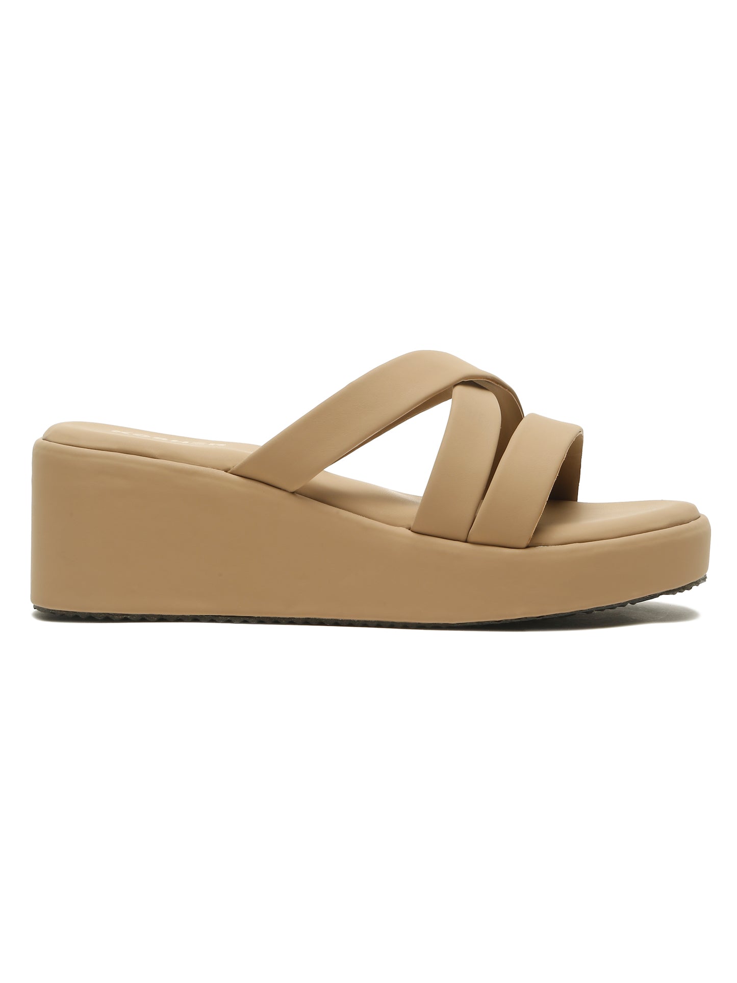 Kosher Women's Beige Platform Wedge Slides | Stylish Cross Strap Slip-On Sandals for Casual & Daily Wear