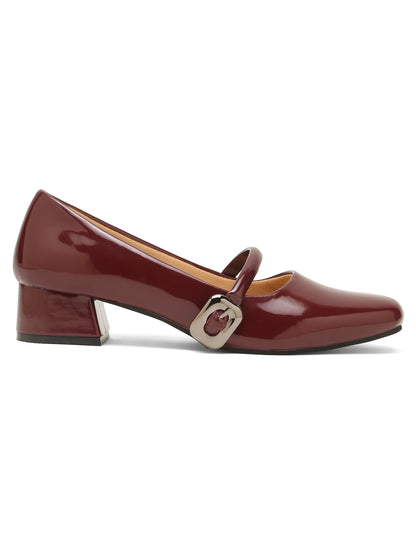 Kosher Women Wine Patent Mary Jane Block Heel Pumps | Glossy Closed Toe Casual & Party Heels