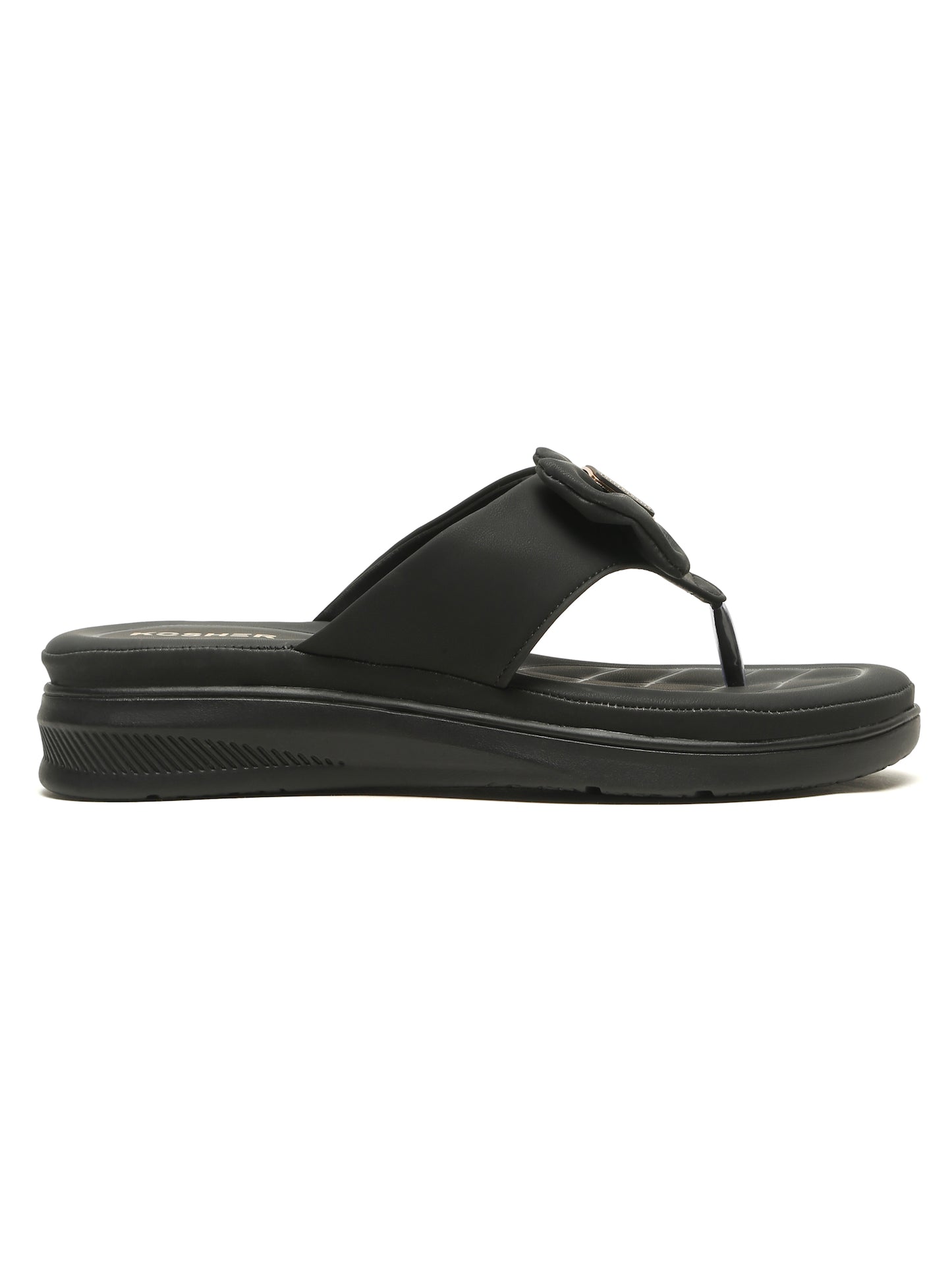 Kosher Women's Comfort Platform Toe-Ring Slippers with Bow Accent – Black