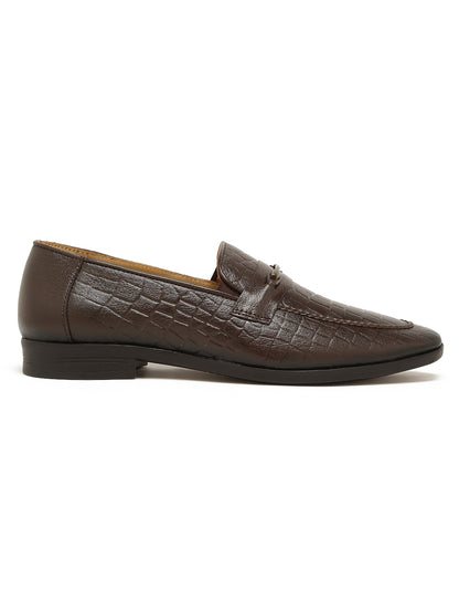 Kosher Men's Brown Textured Slip-On Formal Shoes