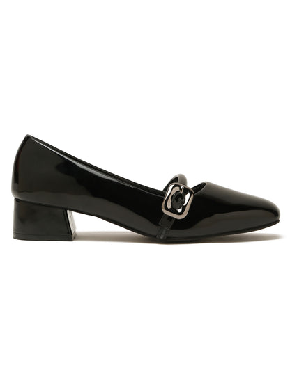Kosher Women Black Patent Mary Jane Block Heel Pumps | Glossy Closed Toe Casual & Party Heels