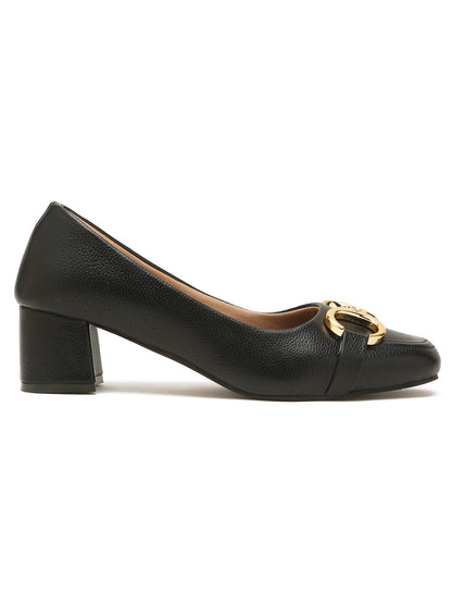 Kosher Women’s Black Block Heel Pumps with Gold Chain Buckle | Formal Office Wear Heels
