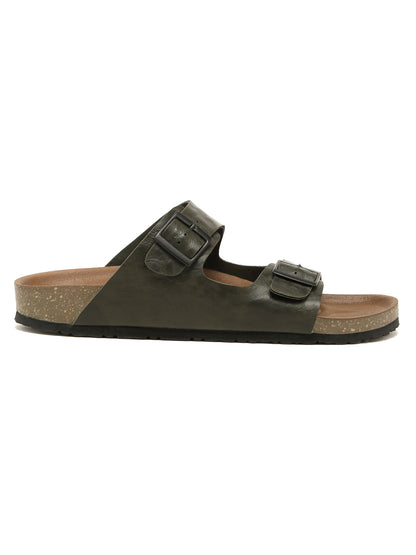 Kosher Men's Stylish and Comfortable Textured Olive Colour Double Buckle Slipper