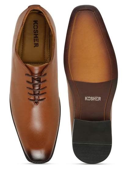 Kosher Men's Sleek Tan Plain Toe Lace-Up Formal Shoes