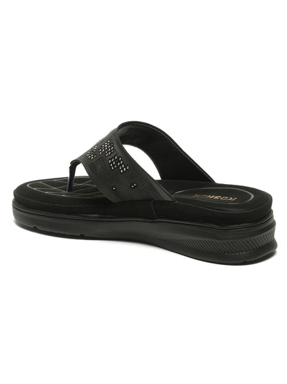 Kosher Women's Black Comfort Platform Flip-Flops with Studded Strap