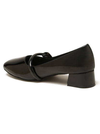Kosher Women Black Patent Mary Jane Block Heel Pumps | Glossy Closed Toe Casual & Party Heels