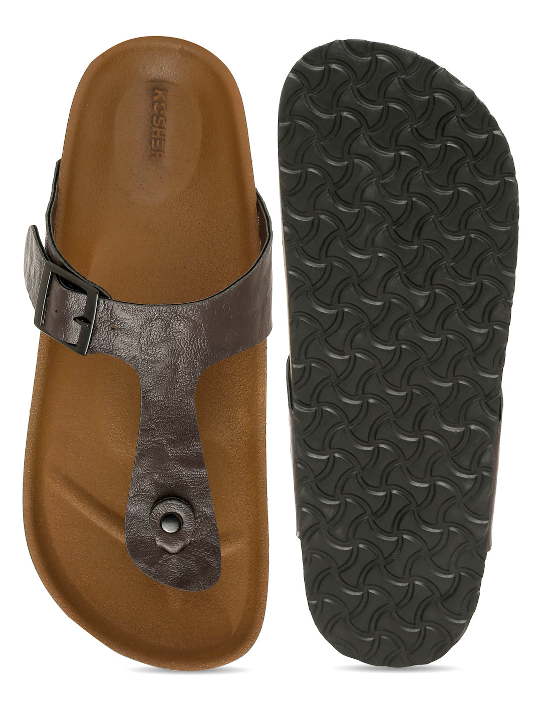 Kosher Men's Brown Textured Thong-Strap Flip-Flops Slippers with Adjustable Buckle