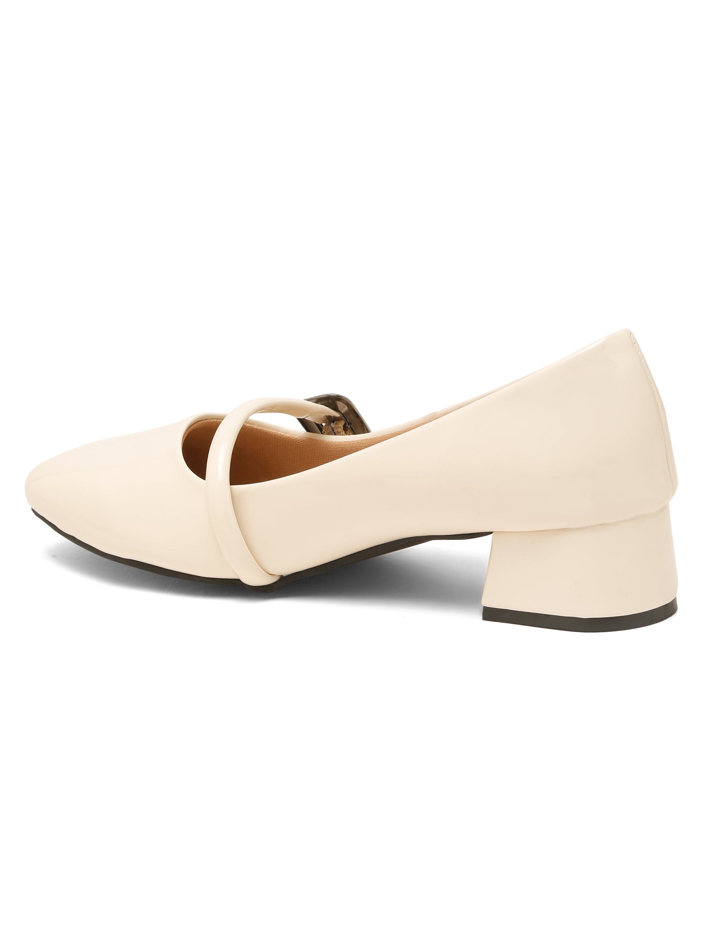 Kosher Women Cream Patent Mary Jane Block Heel Pumps | Glossy Closed Toe Casual & Party Heels