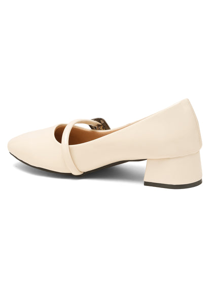 Kosher Women Cream Patent Mary Jane Block Heel Pumps | Glossy Closed Toe Casual & Party Heels