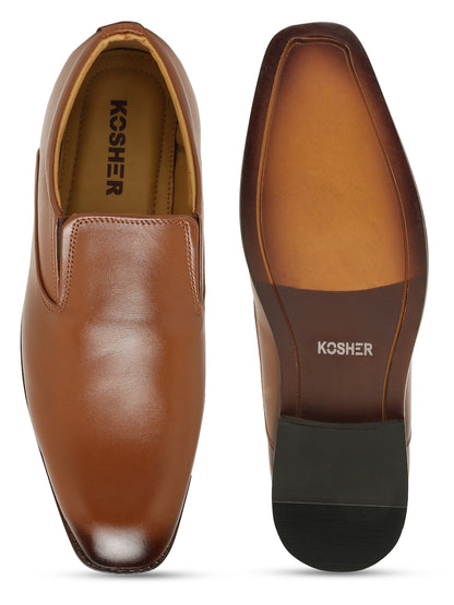 Kosher Men's Sleek Tan Plain Toe Slip-On Formal Shoes